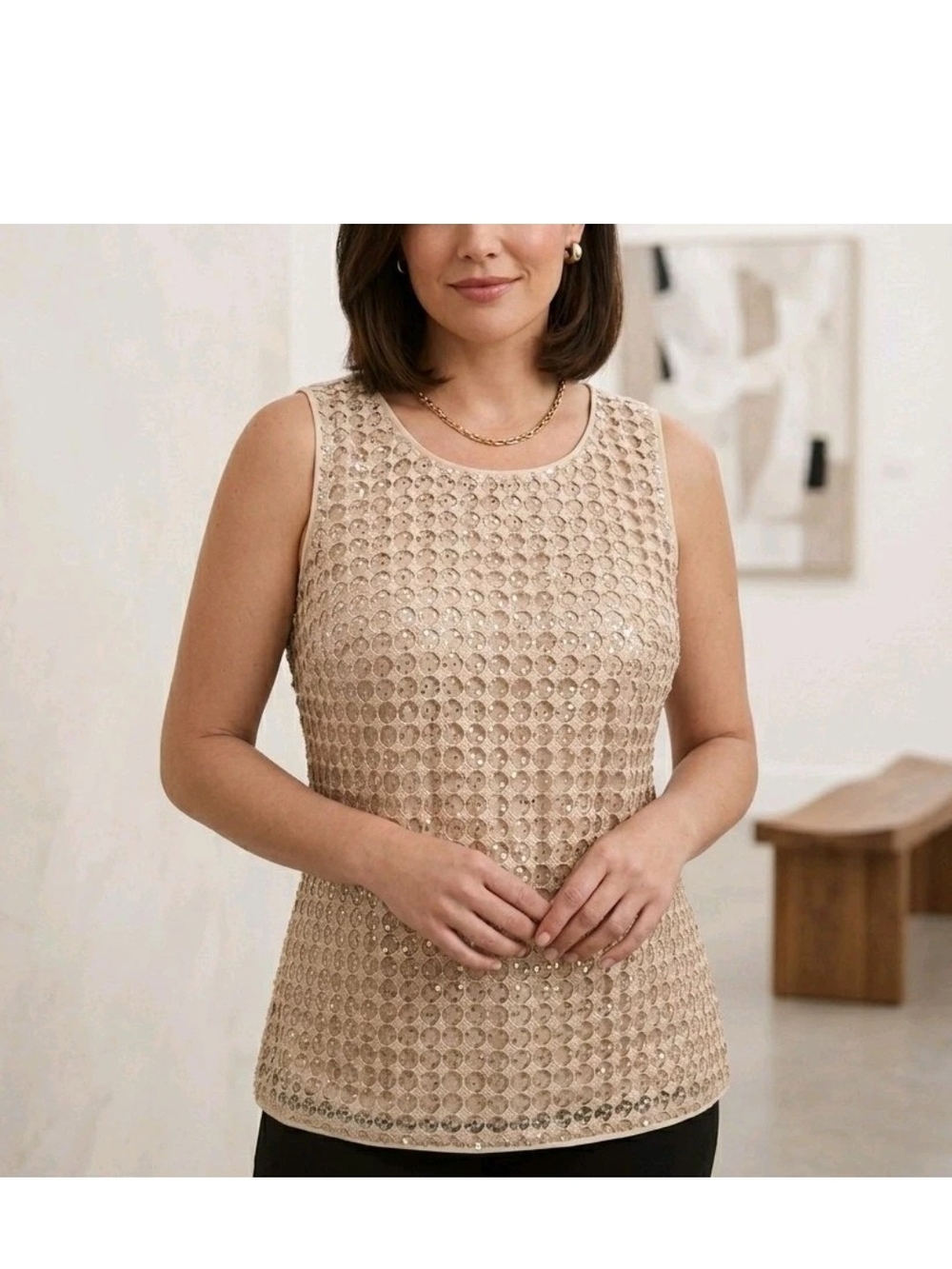 White House Black Market Cream Sequin Embellished Sleeveless Top